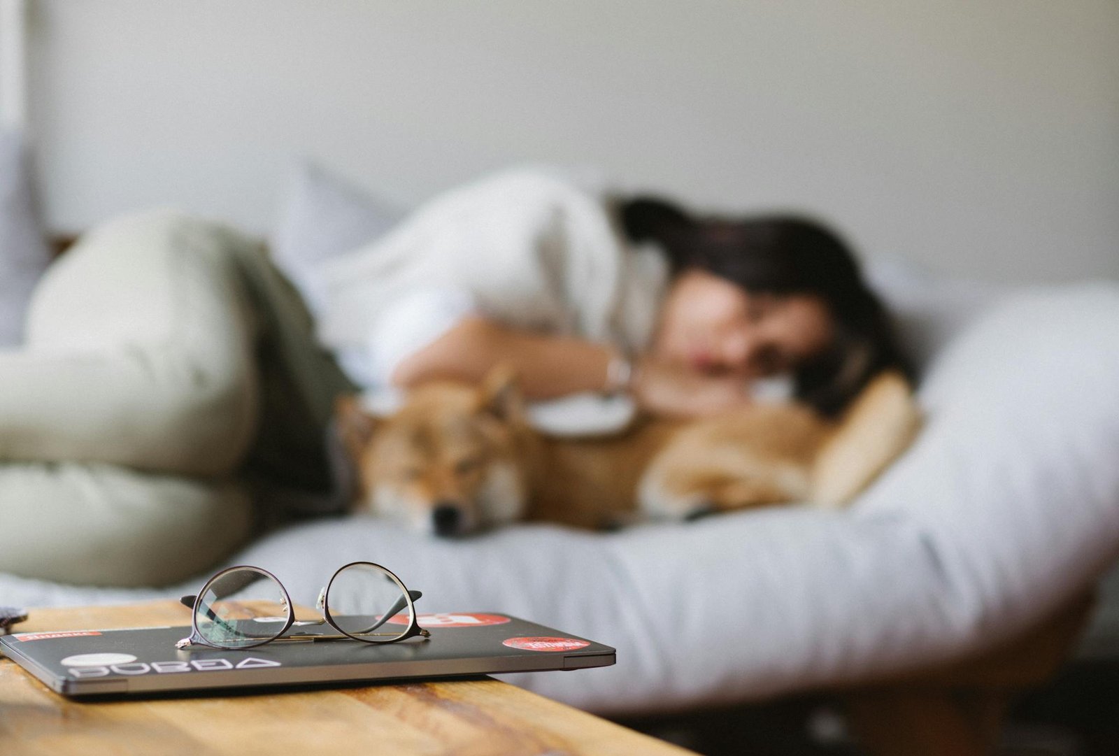 A cozy indoor scene of a woman cuddling with her dog on the sofa.